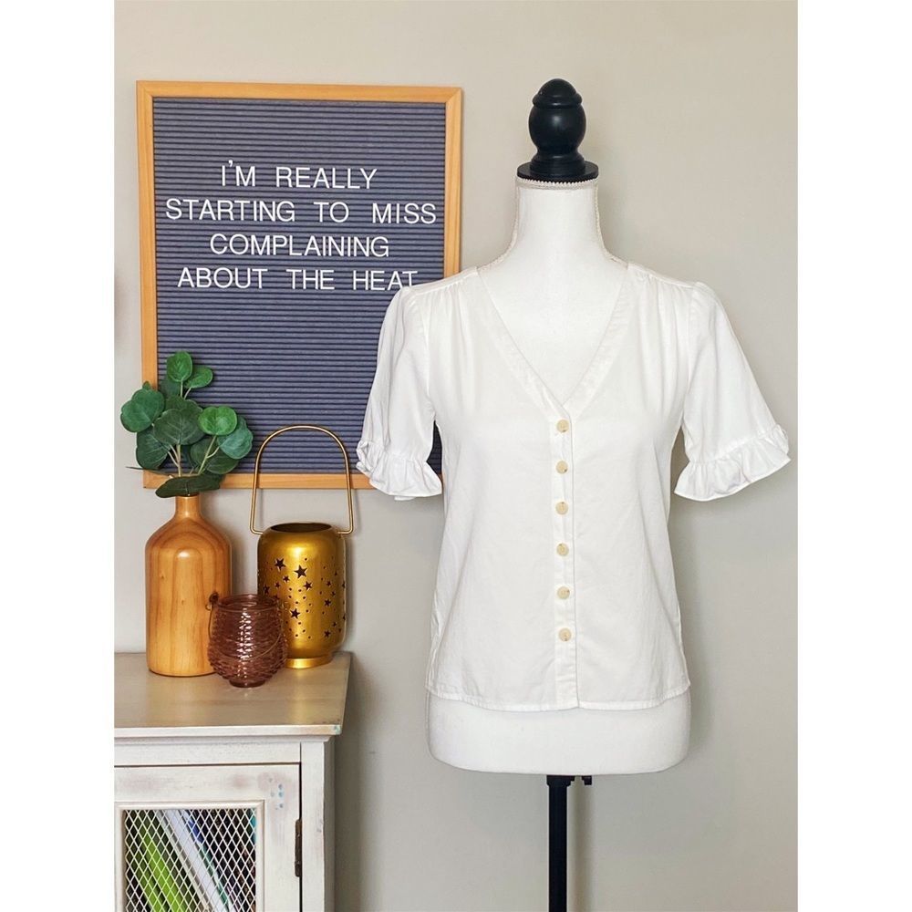 Madewell Ruffle Sleeve V-Neck Button Down in Ivory Size XXS